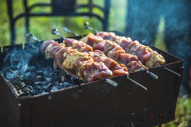 Meat on fire bbq close up soft focus