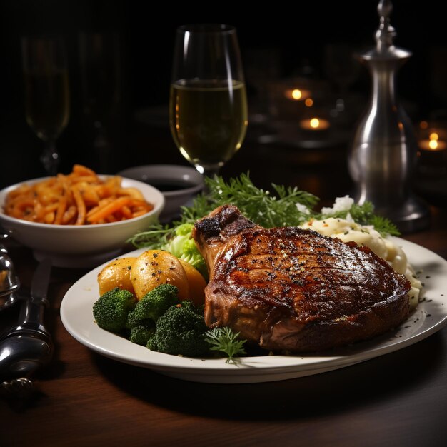 Photo meat food roast rib on dark dish with thyme pepper and tomato isolated over white background