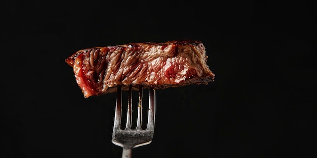 Meat on a fork alone on black background