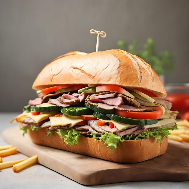 Meat Fries and Vegetable Sandwich on Fresh Bread