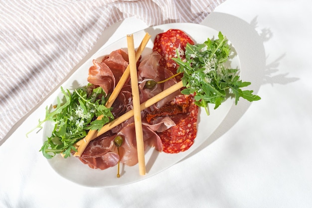 Meat gastronomy Appetizers with different antipasti Buffet party