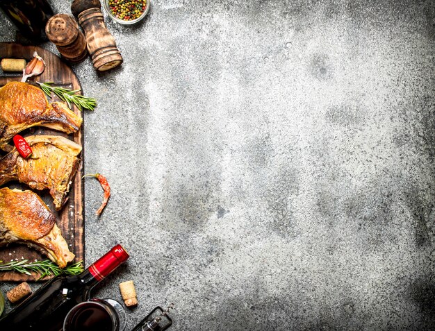 Meat grill. Fried steak of pork with red wine and spices.