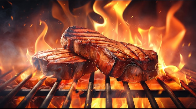 Мясо на гриле с пламенем