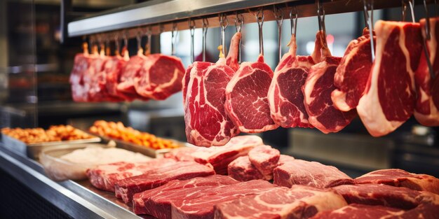 meat for grilling or barbecue on display in a butcher shop food industry selling meat