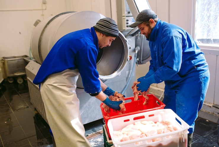 Photo the meat in the grinder, the meat industry.