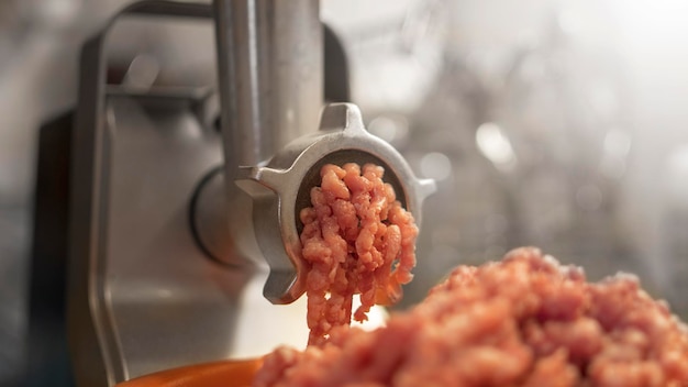 Photo meat grinder mincing fresh raw meat selective focus on an automatic electric meat mincer at home