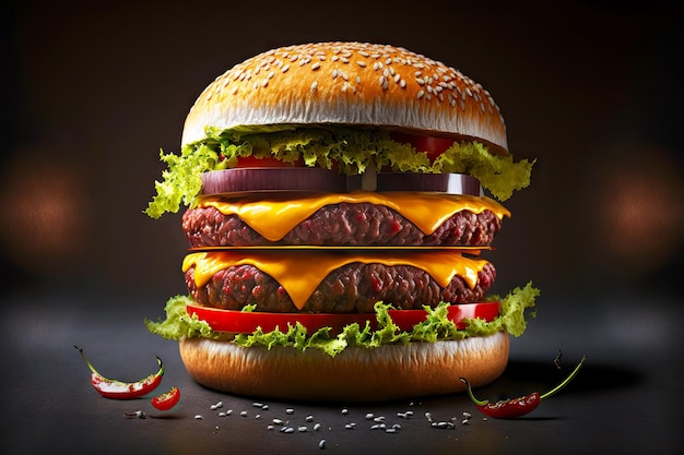 Meat hamburger with cheese burger set on dark background