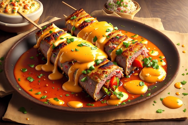 Meat kebab with cheese sauce