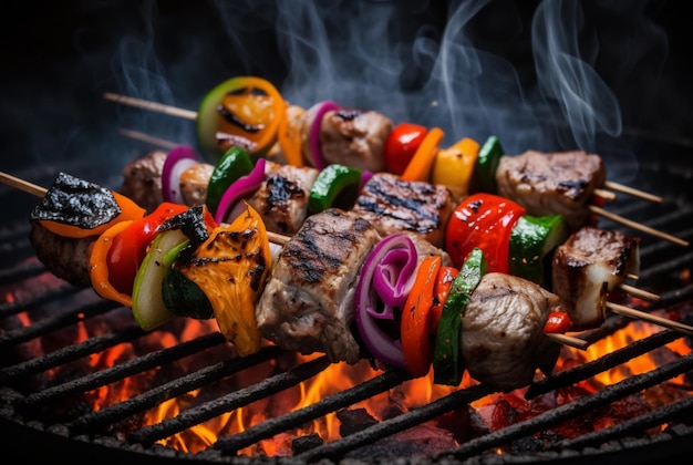 Meat kebabs with vegetables on flaming grill generative ai