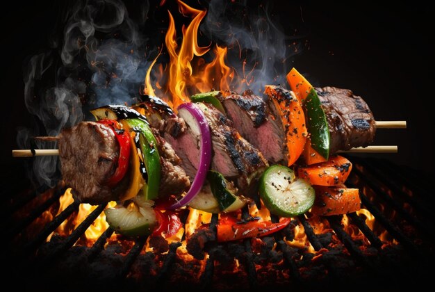 Meat kebabs with vegetables on flaming grill generative ai