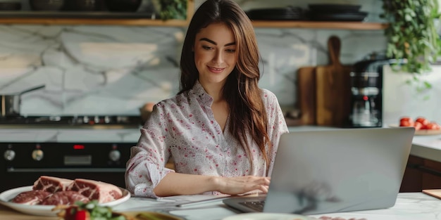 Meat Maven With A Determined Look A Young Woman Sits At Her Laptop Surrounded By A Selection Of Fresh Meat Embodying Strength And Focus In Her Carnivorous Diet