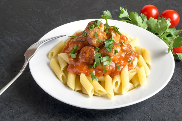 Meat meatballs with Penne.