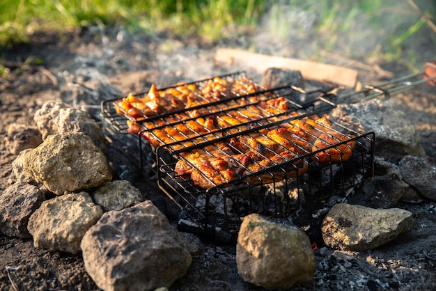 Meat on fire kamp wandelconcept koken op de wilde natuur