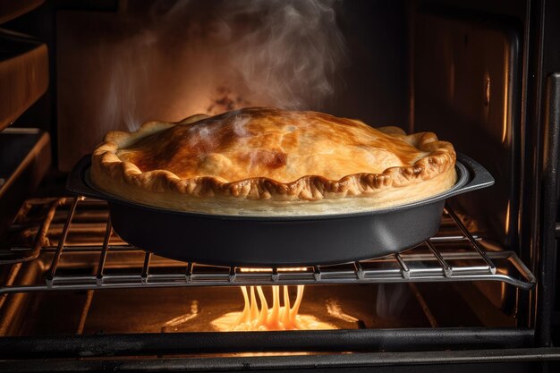 Meat pie baking in the oven with steam rising from its crust created with generative ai