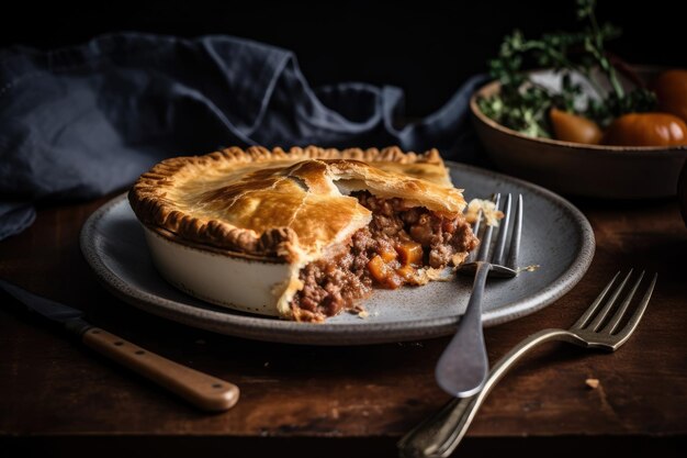 Photo meat pie on plate with fork and knife in place created with generative ai