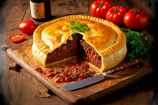 Meat pie stuffed with choed beef with tomatoes and cheese