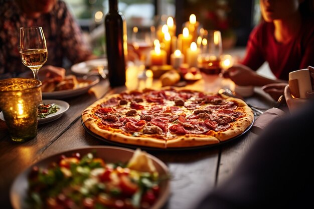 A meat pizza being served at a neighborhood block party