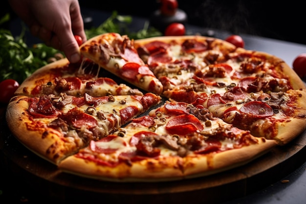 A meat pizza being served at a neighborhood block party