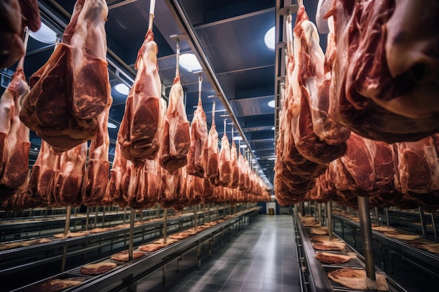 Meat processing plant Hanging meat in the production hall The arrival of jamon or cold cuts Natural fresh meat product Production of pork or beef at the enterprise