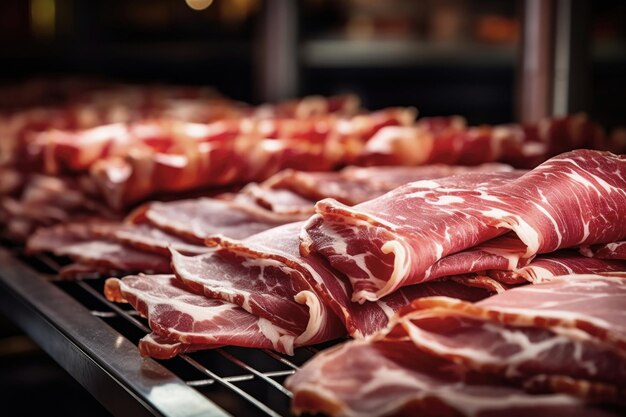 Meat processing plant Slices of fresh bacon and mint slices on a conveyor belt in the workshop Arrival of jamon or cold cuts Production of pork or beef in a modern enterprise