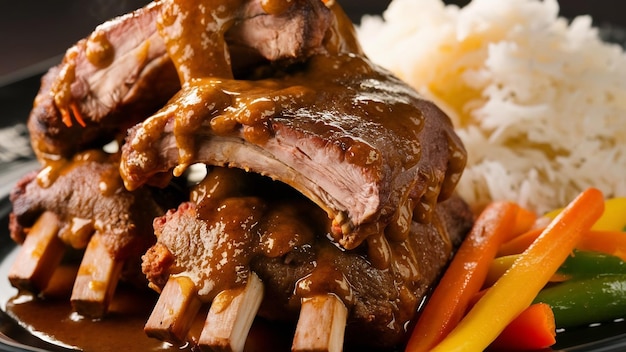 Meat ribs in a sauce with rice and vegetables