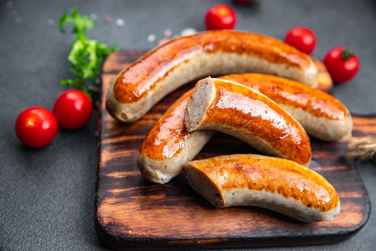 Photo meat sausage fried meal food snack on the table copy space food background rustic top view