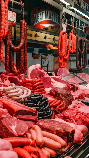 Meat and sausages in market