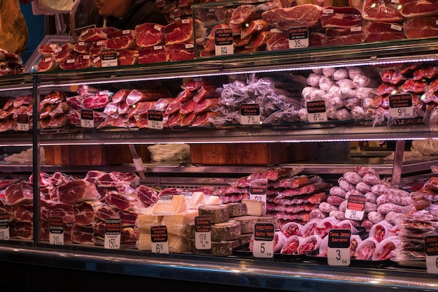 Photo meat seller at boqueria in barcelona near la rambla.