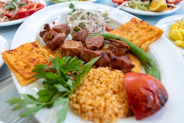 Meat shish kebab in a plate with appetizers