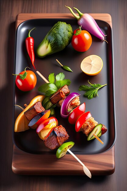 Meat skewer shish kabob Grilled lamb and beef with veggies onions peppers