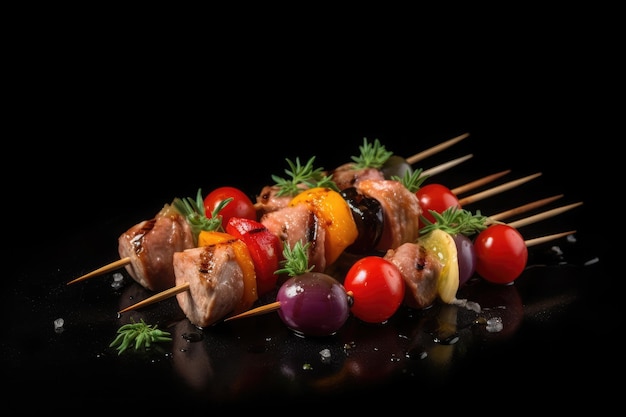 Meat skewer with vegetables on a black backgroundAi generative