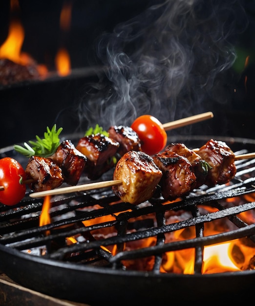 Foto carne su uno spillo con verdure fiamme sullo sfondo