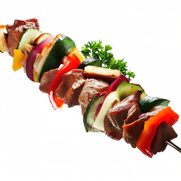 Meat skewer with vegetables isolated on white background