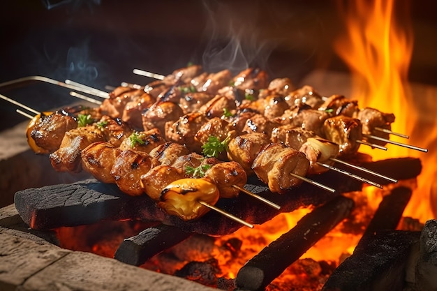 Meat on skewers being grilled over a fire