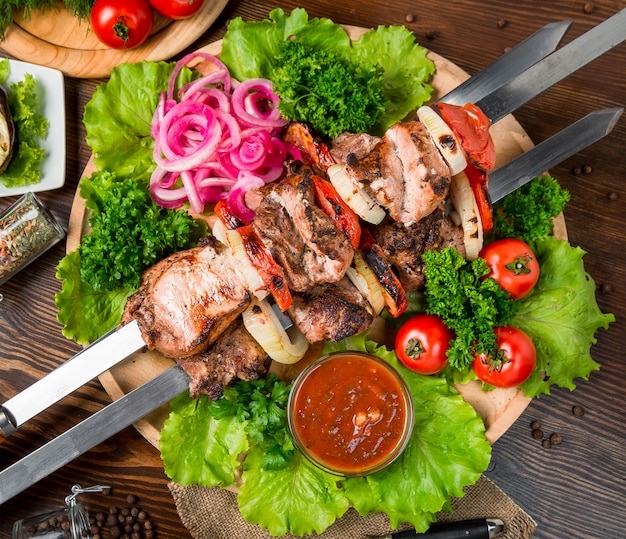 Meat skewers on the grill, Tasty and healthy food