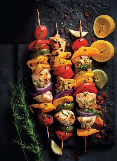 Meat skewers with slices of sweet peppers and dill generative ai