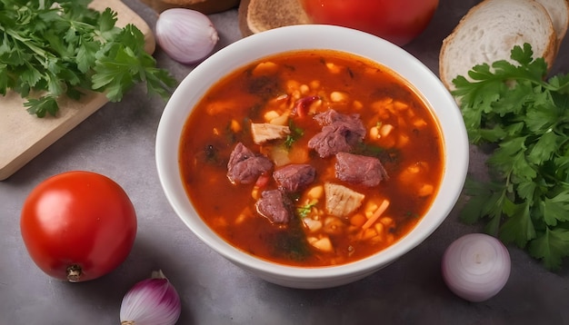 meat soup with vegetables in bowl