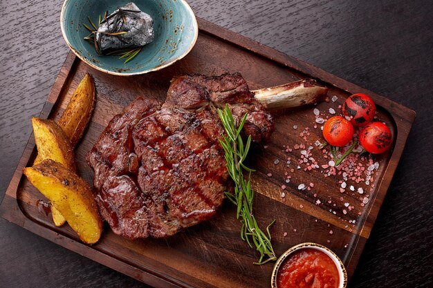 Meat steak on the bone with sauce and fried potatoes