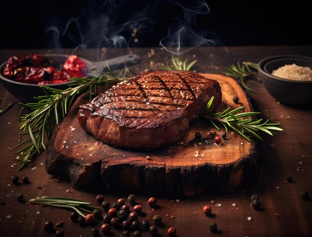 Photo meat steak with rosemary and spices on board