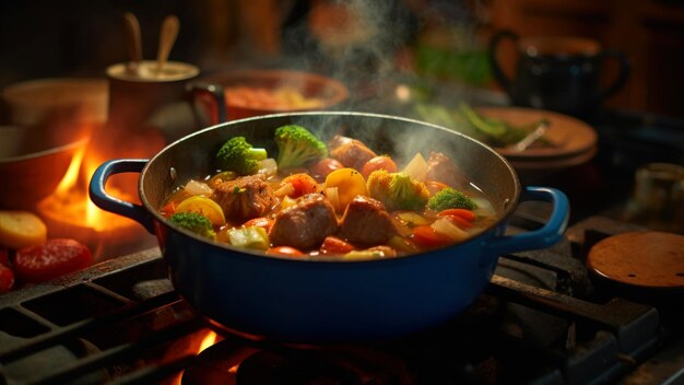 Meat stew with vegetables in a pan on the fire in the kitchen