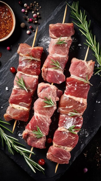 Meat on a stick with rosemary on a black background