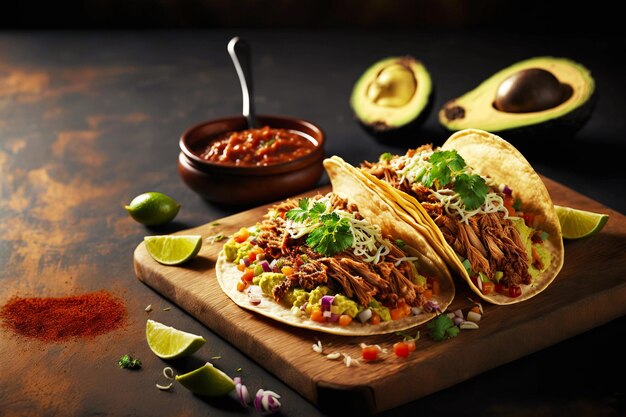 Meat tacos with salsa sauce beef and vegetables on wooden board