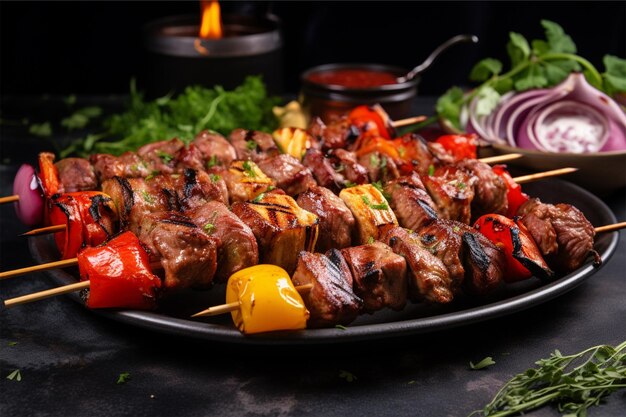 Meat together with vegetables on skewers grilled