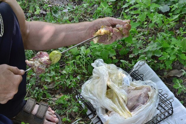 Мясо и овощи для барбекю натянуты на шпагу