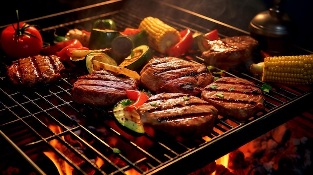 Meat and vegetables cooking on a grill