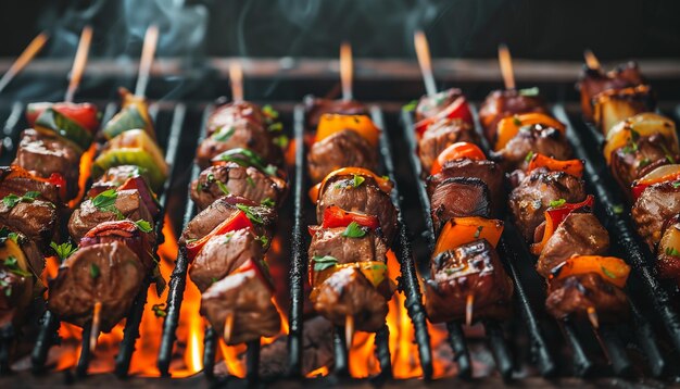 Meat and vegetables skewers on a grill