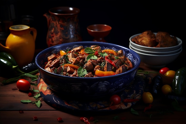 Photo meat and vegetables on wooden table