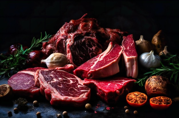 Meat with many different cuts of meat in a black background