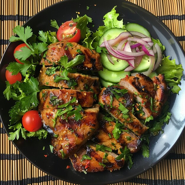 meat with salad and wine