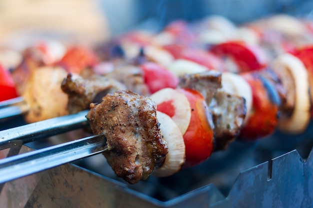 写真 トマトと玉ねぎを串に刺して石炭で焼いた肉 シャシリク